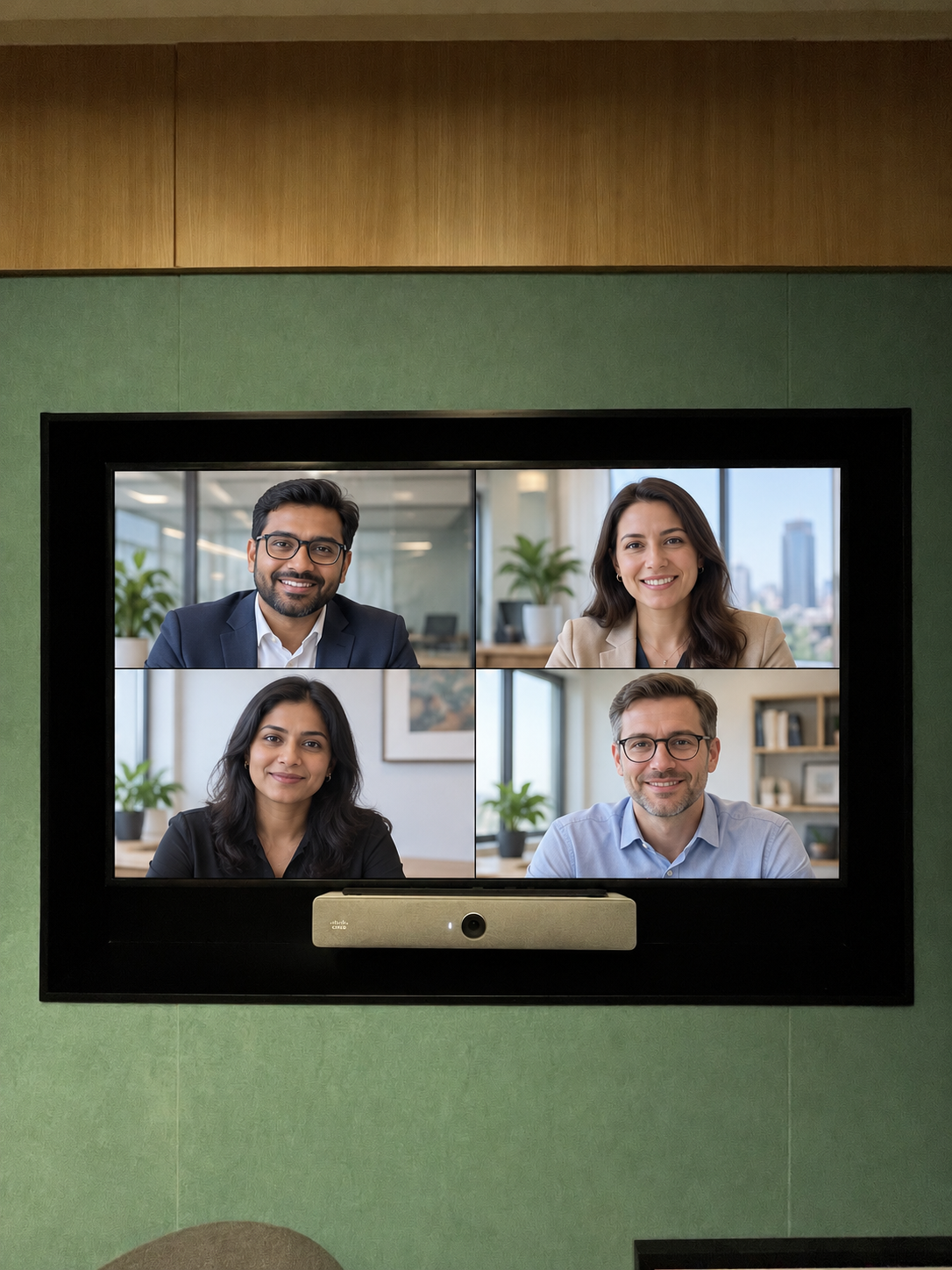 Omnyx meeting room installation with an illustrative video conference showing four participants on the TV